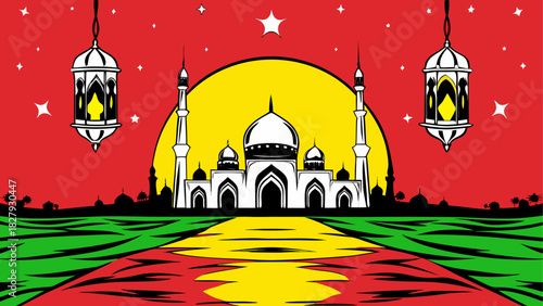 Ramadan Kareem Background Islamic lanterns glowing
moon and star crescent
