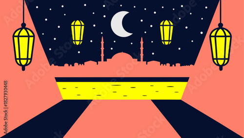 Ramadan scene with lanterns and mosque silhouette