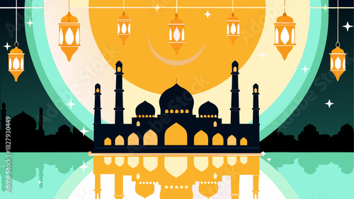 Ramadan Kareem Background Islamic lanterns glowing
moon and star crescent
