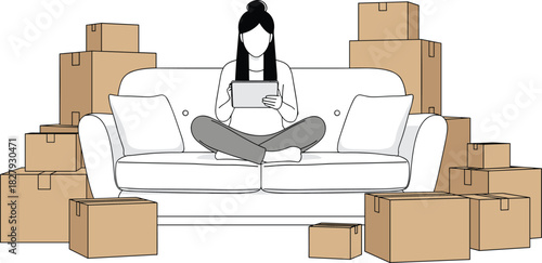 Moving day illustration, unpacking boxes, relocation concept, cozy home setup, cardboard packaging, tablet user, new apartment scene