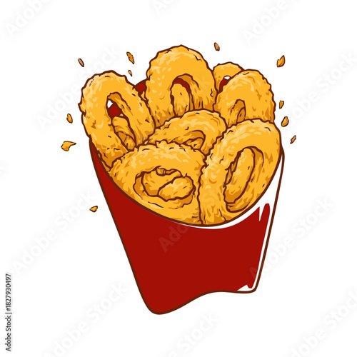 Crispy golden onion rings served in a vibrant red paper container, a delicious fried snack illustration.