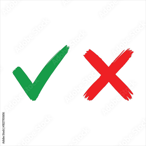 Correct and Incorrect Icon Set. Brushstroke green checkmark and red X symbols for approval, rejection, or evaluation interfaces. Vector for decision-making.