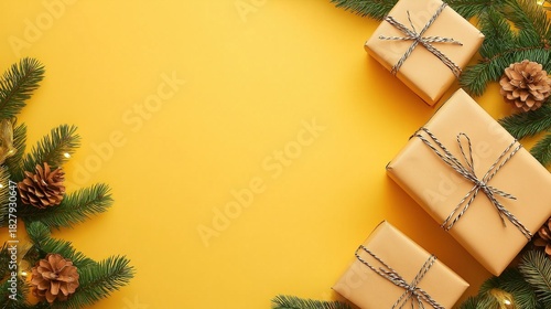 Christmas gifts on yellow background with copy space featuring brown paper wrapped boxes and pine cones on yellow surface for New Year holiday concept