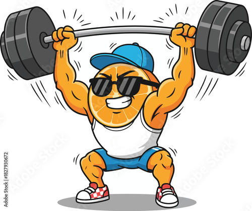 Cartoon orange lifting a barbell overhead, strong pose, fitness training concept, bold line art, dynamic vector style