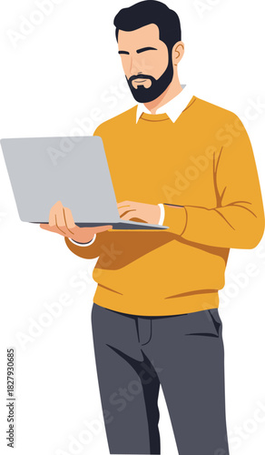 Tech user illustration, standing laptop interaction, mustard sweater outfit, digital work pose, modern character style, vector drawing art