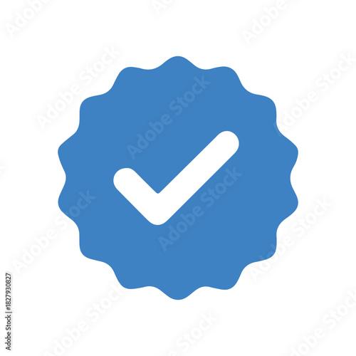 Verification Badge Icon. Blue circular seal with a white checkmark for approval, authentication, certified status, and quality assurance.