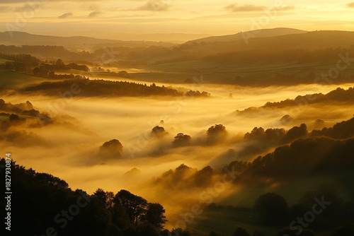 vast valley blanketed in swirling morning mist, bathed in golden sunrise light