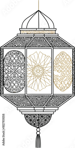 Intricate geometric Moroccan lantern with ornate patterns, evoking a sense of cultural elegance.