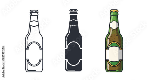 Three beer bottles with blank labels isolated on white background, showcasing different styles outline, silhouette, and full color, perfect for branding