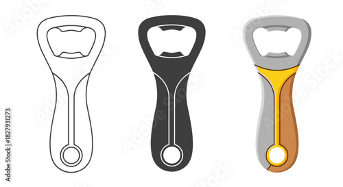 Set of bottle openers isolated on white background outline, silhouette and colored versions of a metal bottle opener with handle and round hole