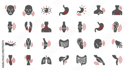 Set of human body pain points isolated on white background collection of medical icons representing various types of pain and discomfort in the body