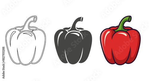 Illustration of a red bell pepper in three styles outline, silhouette, and color, isolated on white background perfect for culinary or educational projects