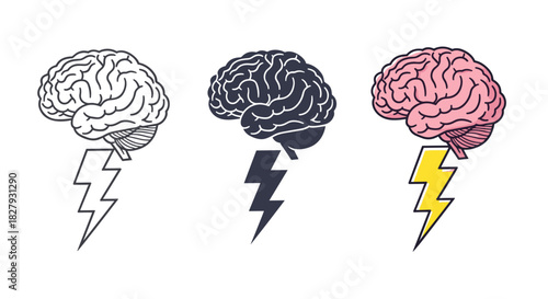 Brainstorming concept showing a brain with a lightning bolt, symbolizing ideas, creativity, and mental energy isolated on white background