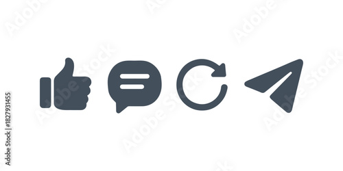 Social Interaction Icon Set. Thumbs up, comment bubble, repost arrow, and share symbols for messaging, engagement, and sharing interfaces.