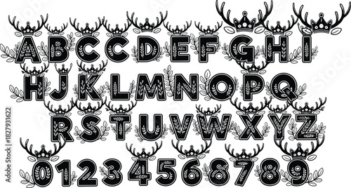 Decorative Christmas alphabet set featuring letters and numbers with reindeer antlers and crowns, vector illustration for holiday typography and monogram design.
