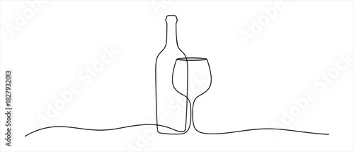 Elegant minimalist one line drawing of wine bottle and glass design