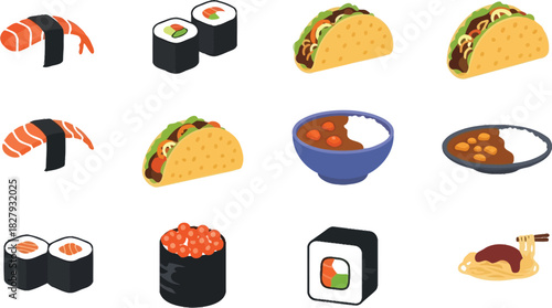 A vibrant collage of diverse international foods, including sushi, tacos, and curry