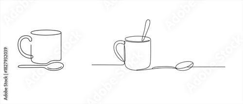 Minimalist line art drawing of coffee cups and spoons with simplicity