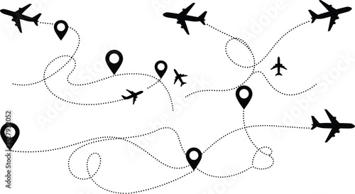 Abstract vector illustration showing interconnected airline routes and dotted lines, representing global travel, logistics, air transportation, location tracking,