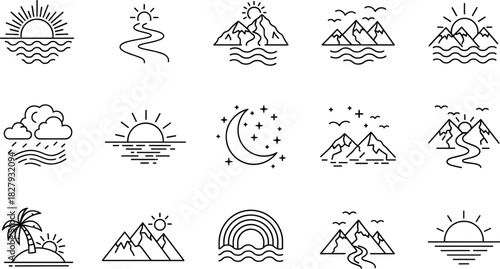 A comprehensive collection of outline vector icons representing natural landscapes, including mountains, seascapes, sunrises, weather, and travel-related environmental elements in linear style.