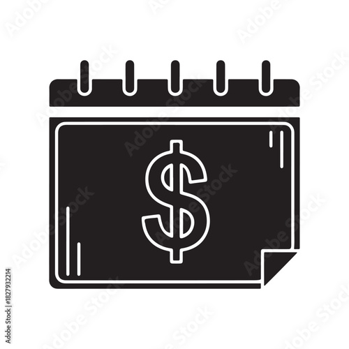 Financial Calendar Icon. Minimalist line drawing of a spiral-bound calendar with a dollar symbol for budgeting, payment schedule, or fiscal planning.