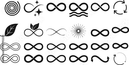 A large vector icon collection featuring various infinity symbols combined with elements like leaves, waves, and spirals, signifying eternal nature, limitless energy,