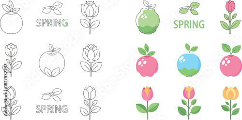 Delicate spring illustrations featuring blooming flowers, stylized fruits, and leaves with the word 'SPRING'.