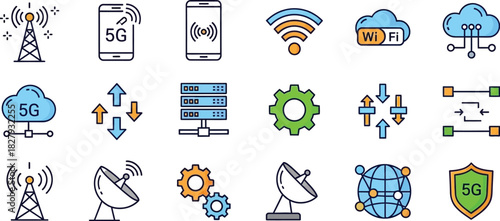 Modern technology icons representing 5G connectivity, cloud computing, and wireless networks