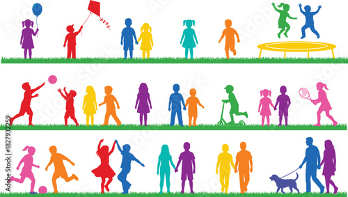 Colorful silhouettes of diverse children and parents engaged in outdoor activities like jumping on a trampoline, playing with balls, and walking a dog, promoting fun and health.