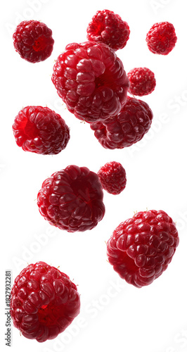 Fresh raspberries falling isolated on transparent background