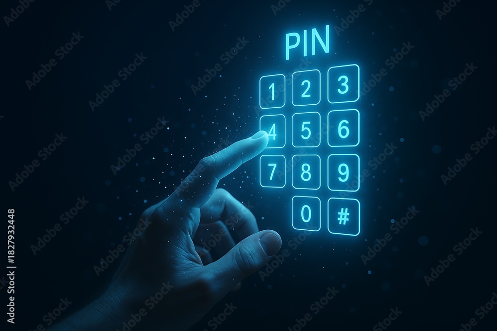 Obraz premium Secure PIN Entry on Digital Keypad with Glowing Hand
