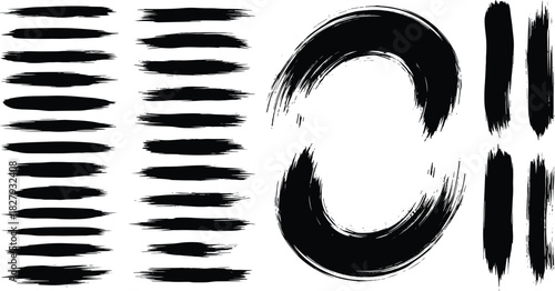 Collection of black grunge brush strokes, hand drawn ink paint smears, vector abstract texture set for artistic design, calligraphy, and background elements.