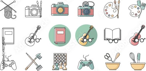 Collection of diverse hobby icons representing creativity, leisure, and learning.