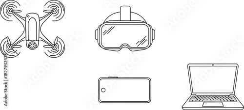 Modern technology collection: drone, VR headset, smartphone, and laptop