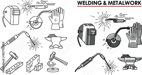 Collection of detailed line art illustrations depicting welding and metalwork tools and processes.