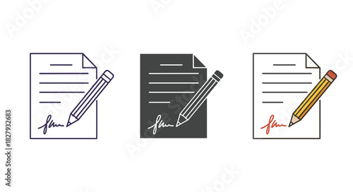 Document signing icon set isolated on white background contract, agreement, signature, pencil, paper, business, form, write, sign, legal, and office concept