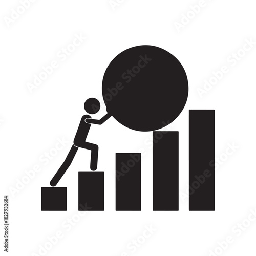 Perseverance and Growth Icon. Stick figure pushing a sphere up ascending bars representing effort, progress, challenge, and personal development.