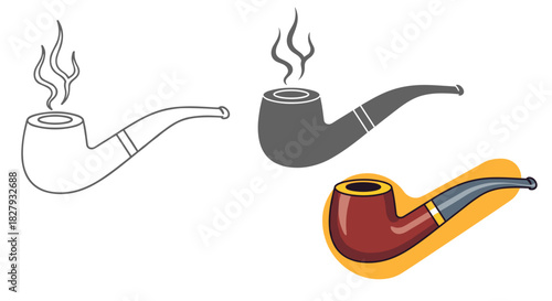 Tobacco pipe set isolated on white background collection of smoking pipes with smoke outline, silhouette and color version of vintage smoking tool