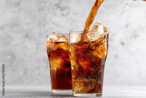 Refreshing cola poured into two clear glasses filled with ice cubes and fizzy bubbles on a bright surface, idea for beverage advertising and summer drink promotions