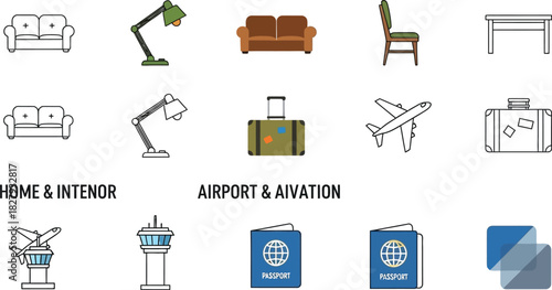 Collection of simple flat icons for home, travel, and aviation themes