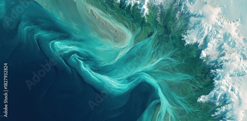 Oceanic Artistry: An ethereal image captures the captivating dance of ocean currents, showcasing swirling patterns of turquoise and cyan, revealing nature's abstract beauty.
