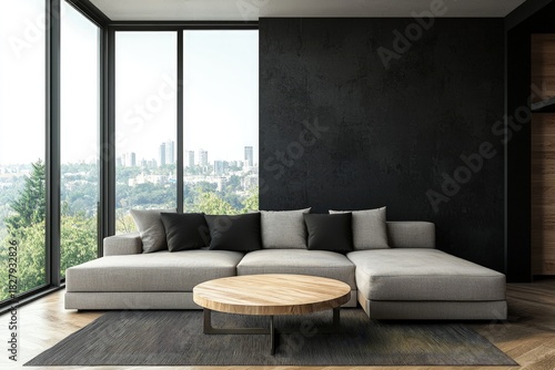 Modern living room with black textured wall, grey sectional sofa and wooden round table beside full height windows, idea for interior design presentations and home decor layouts