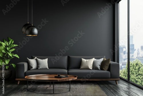 Modern living room with black wall, dark sofa, wooden table, pendant lights and indoor plant beside panoramic windows overlooking the city, idea for interior design presentations and home decor visual