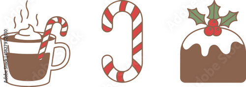 Festive holiday treats including hot cocoa, candy cane, and Christmas pudding