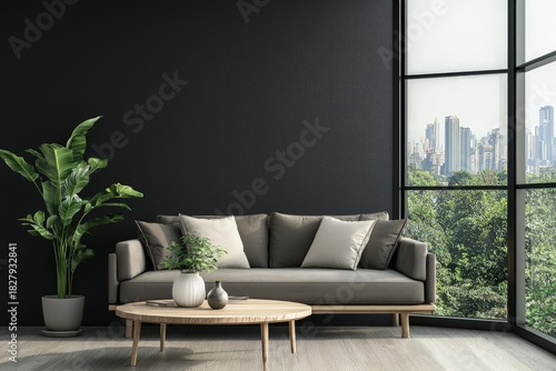 Modern living room with black wall, neutral sofa, wooden table and indoor plants beside panoramic windows overlooking the city, idea for interior design presentations and home decor projects