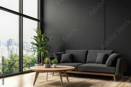 Wallpaper Mural Modern living room with black wall, dark sofa, wooden table and indoor plants beside panoramic windows overlooking the city, idea for interior design presentations and home decor layouts Torontodigital.ca