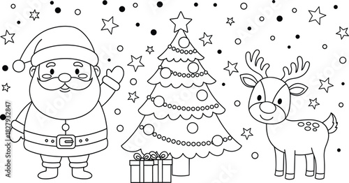 Cute Santa Claus and reindeer standing near decorated Christmas tree, vector outline illustration for kids coloring book and holiday greeting card.
