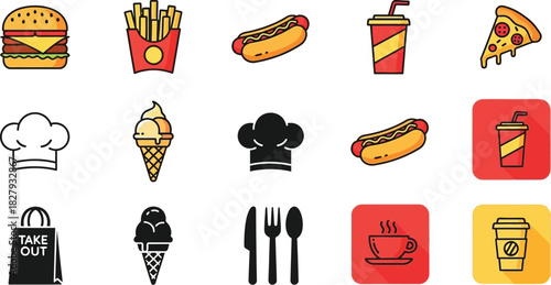 Collection of colorful icons representing popular fast food items and drinks