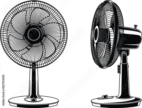 Electric table fan illustration set, front and side view cooling appliance, household ventilation vector for summer heat, air circulation, and domestic equipment design.