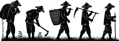 Silhouette set of Asian farmers working in field with conical hats, agricultural worker vector illustration collection, carrying basket, hoe, and harvesting crops.